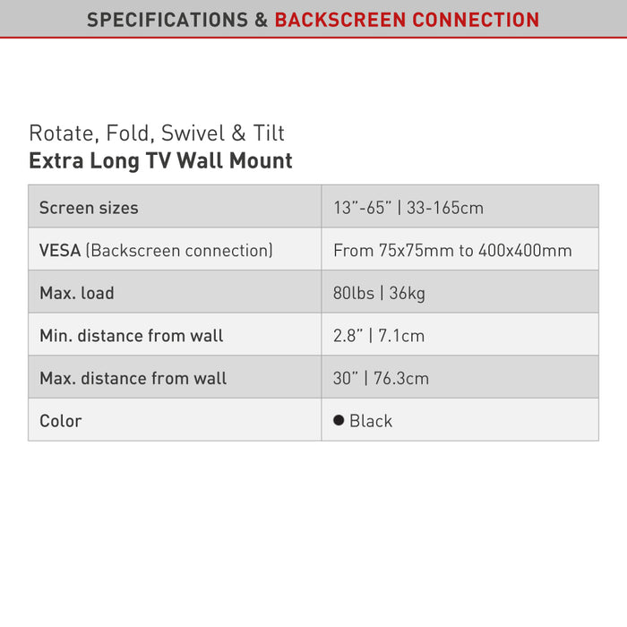 Barkan beslag Ekstra lang TV-vægbeslag 13 - 65 tommer | Maks. 36 kg | VESA 400x400