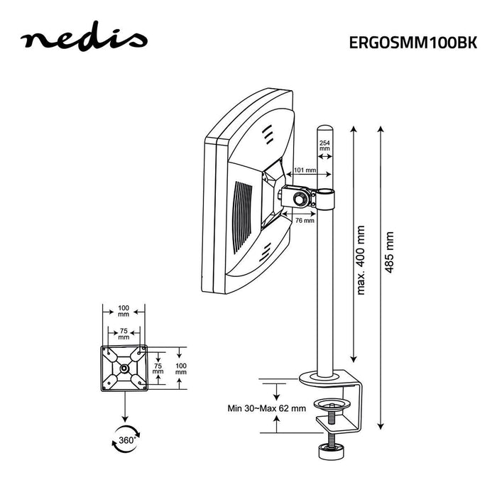 Ergonomisk Monitorarm | Én Monitorarm | Drej- og Vipbar | Sort