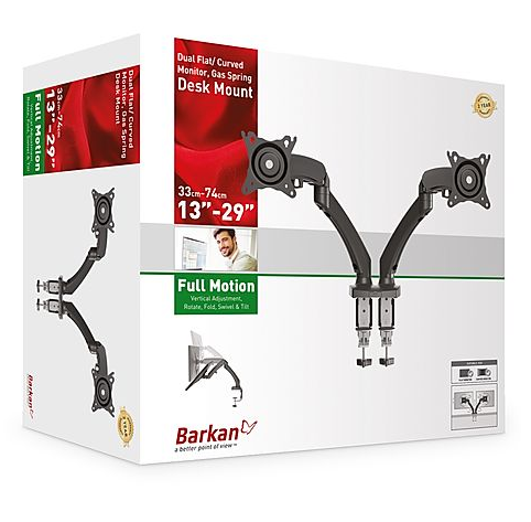 Barkan Mounts Dobbelt monitorarm med bordmontering |op til 29 tommer |2 skærme |Gasfjeder