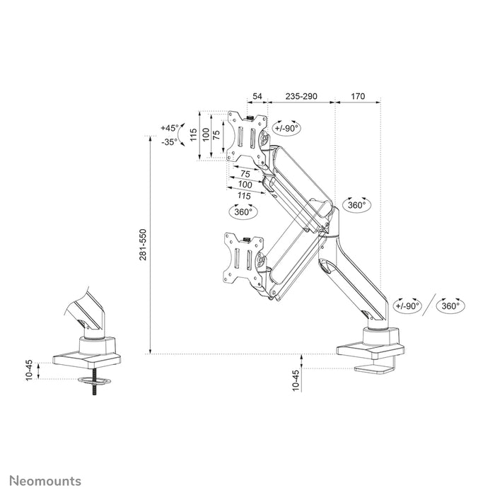 Neomounts DS70-450WH1 fuld bevægelse monitor bordstativ til 17-42 tommer skærme - Hvid