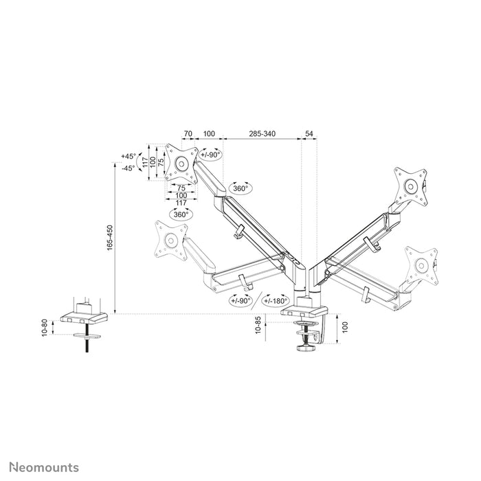 Neomounts DS70-810BL2 fuld bevægelse monitor bordstativ til 17-32 tommer skærme - Sort