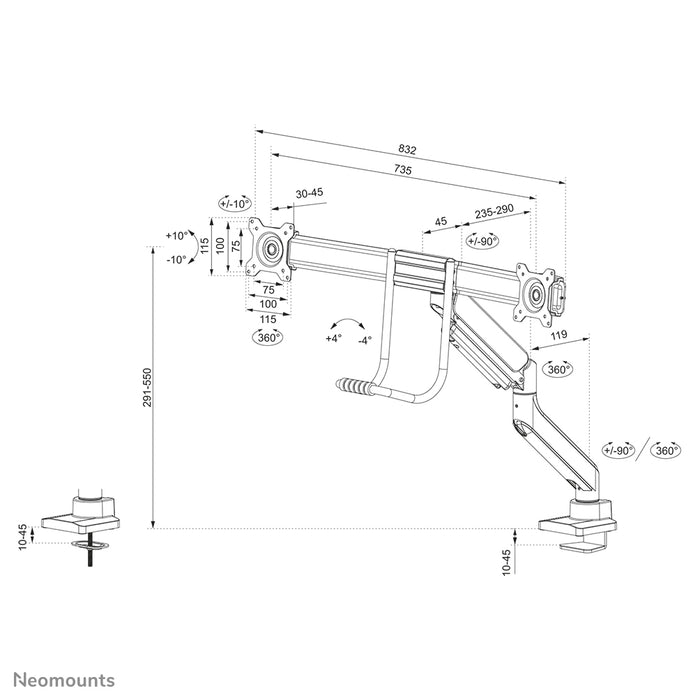 Neomounts DS75-450BL2 fuld bevægelse monitor bordstativ til 17-32 tommer skærme - Hvid