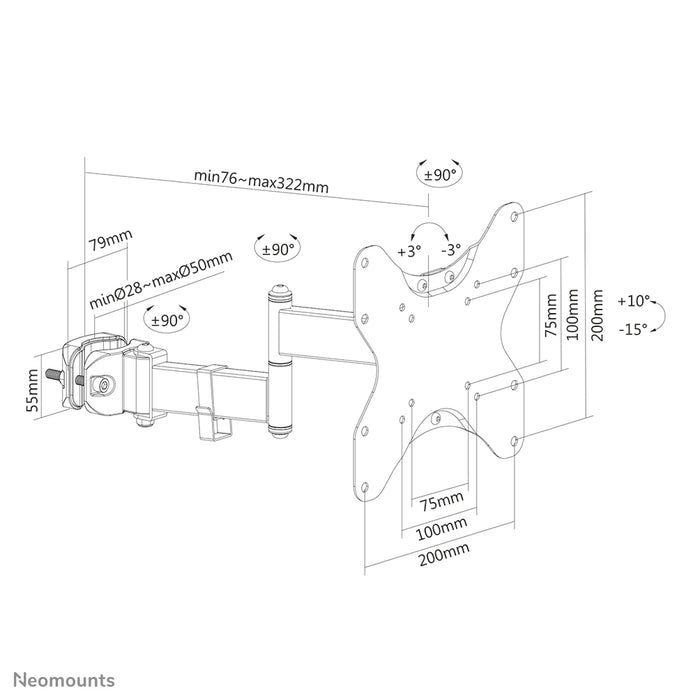 Neomounts FL40-450BL12 fuld bevægelse TV-stangholder (Ø28-50 mm) til 23-42 tommer skærme - Sort