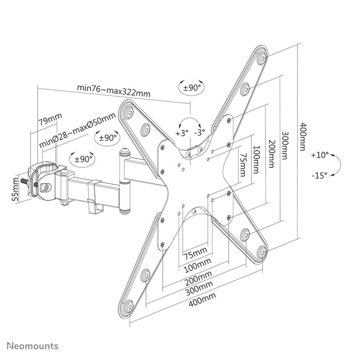 Neomounts FL40-450BL14 fuld bevægelse TV-stangholder (Ø28-50 mm) til 32-55 tommer skærme - Sort