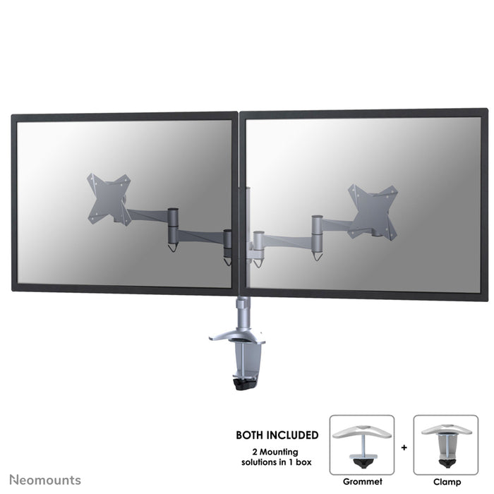 Neomounts FPMA-D1330D sølv er en bordbeslag til 2 flatscreens op til 27 tommer (69 cm).