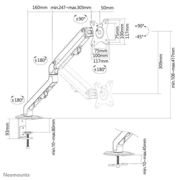 Neomounts FPMA-D650 sort er en full motion bordbeslag til skærme op til 27 (69 cm).