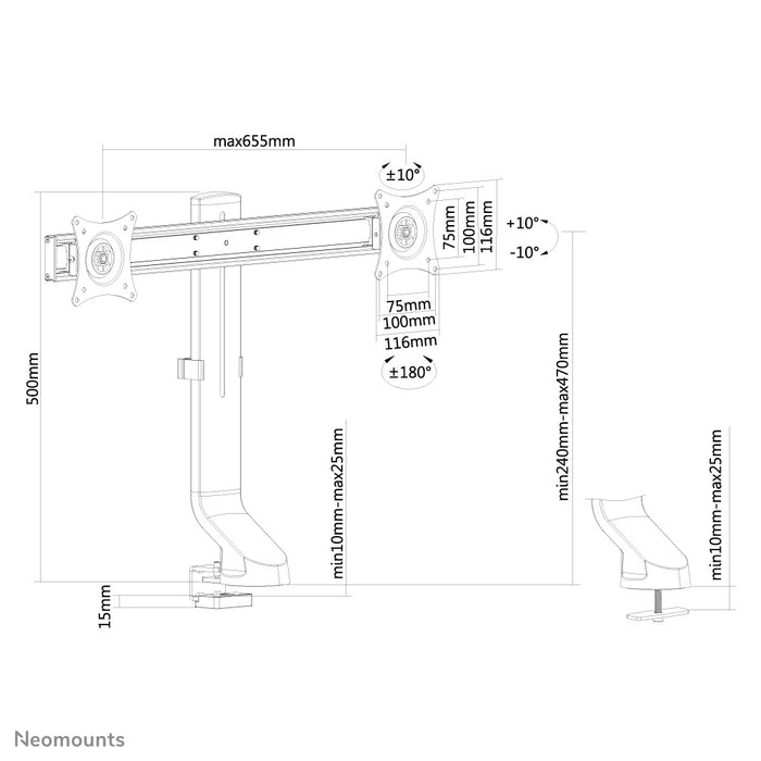 Neomounts FPMA-D860D sort er en bordbeslag til to fladskærme op til 27 tommer (69 cm).