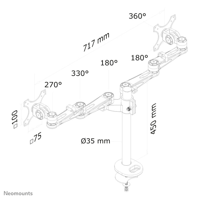 Neomounts FPMA-D935DG er en skrivebordsarm til 2 fladskærme op til 27 tommer (69 cm).