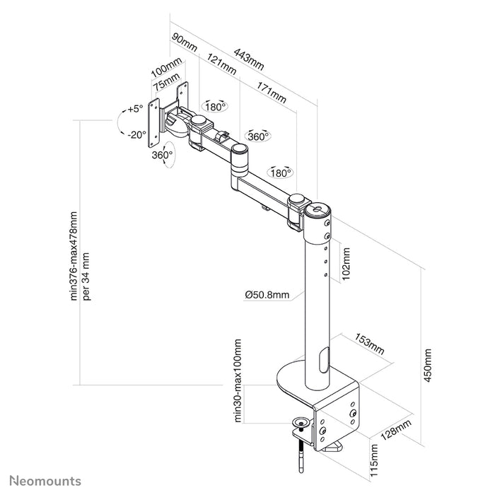 Neomounts FPMA-D960 sortPLUS er en skrivebordsarm med 3 drejepunkter til buede skærme op til 49 tommer (124 cm).