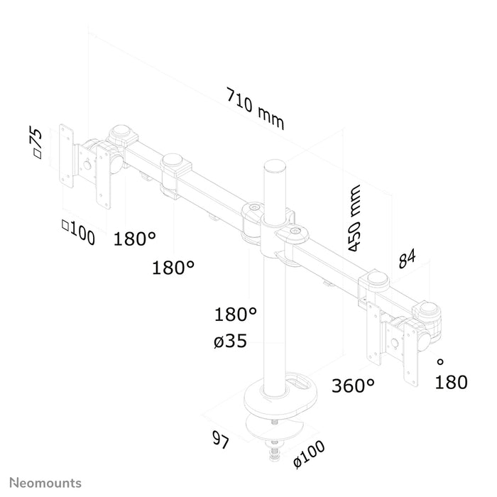Neomounts FPMA-D960DG er en skrivebordsarm til 2 fladskærme op til 27 tommer (69 cm).
