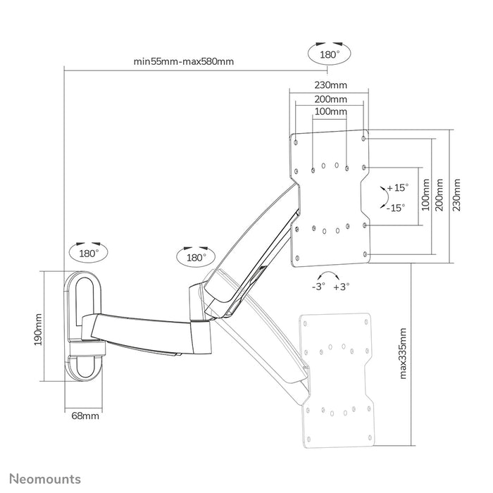 Neomounts FPMA-W950 er en vægbeslag med 3 drejepunkter til fladskærme op til 40 tommer (102 cm).