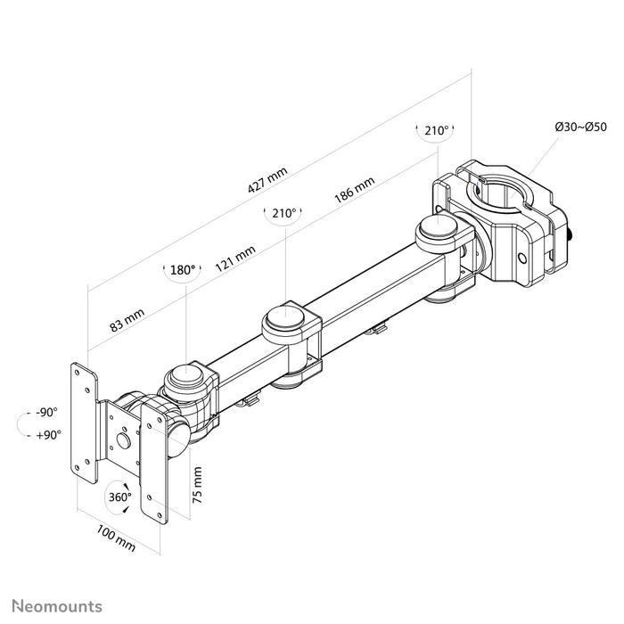 Neomounts FPMA-WP300black er en vippe- og drejelig stolpebeslag til LCD/LED/TFT skærm op til 30 tommer (76 cm).