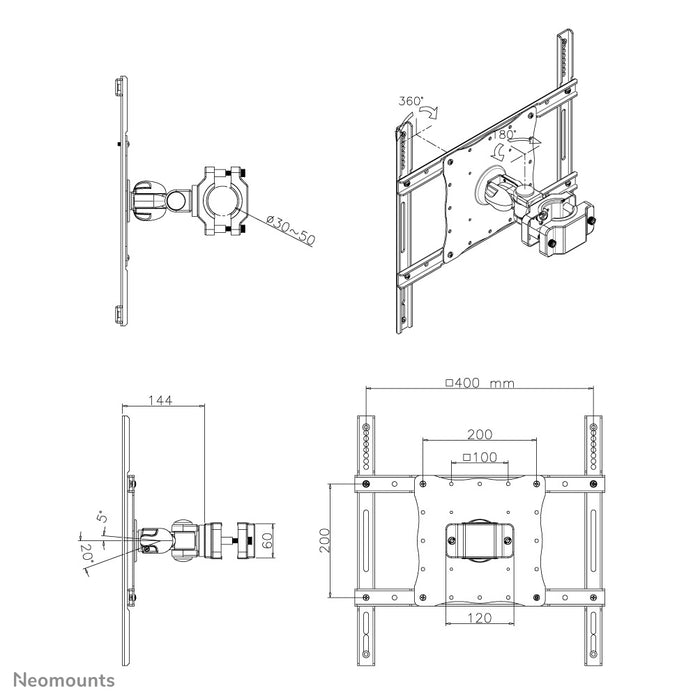 Neomounts FPMA-WP440black er en vippe- og drejelig stolpebeslag til LCD/LED/TFT skærm op til 52 tommer (132 cm).