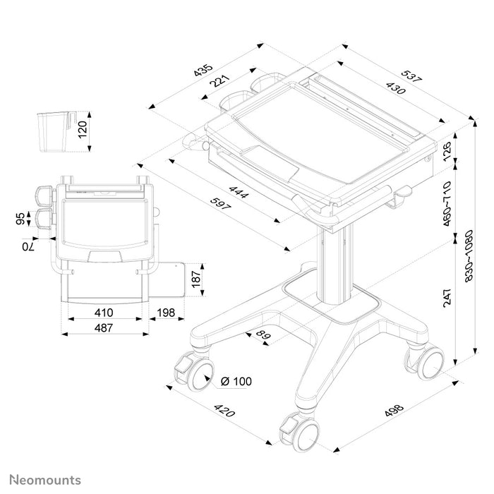 Neomounts MED-M200 er en mobil arbejdsstation til bærbar computer, tastatur og mus.