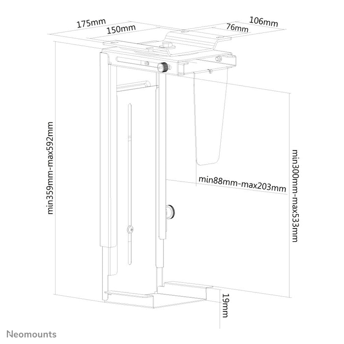 Neomounts NM-CPU100 sort er en holder, som du kan fastgøre en PC eller thin client til skrivebordet med.