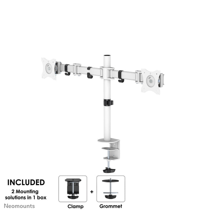 Neomounts NM-D135D hvid er en skrivebordsbeslag til 2 fladskærme op til 27 tommer (69 cm).
