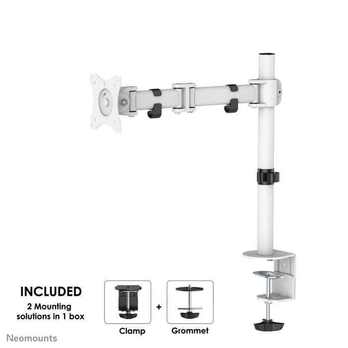 Neomounts NM-D135 hvid er en skrivebordsbeslag med 3 drejepunkter til fladskærme op til 30 tommer (76 cm).