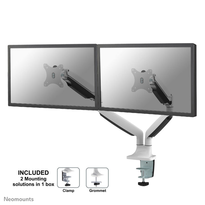 Neomounts NM-D750D hvid er en gasfjederstyret skrivebordsbeslag til to fladskærme op til 32 tommer (82 cm).