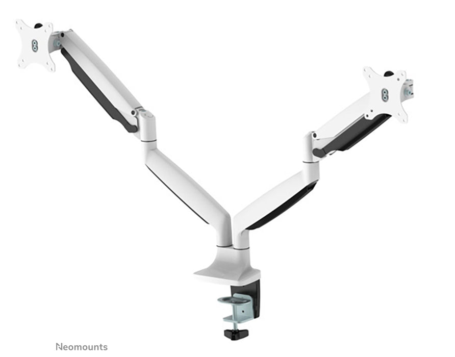 Neomounts NM-D750D hvid er en gasfjederstyret skrivebordsbeslag til to fladskærme op til 32 tommer (82 cm).