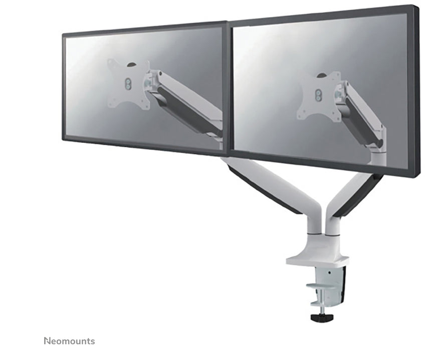 Neomounts NM-D750D hvid er en gasfjederstyret skrivebordsbeslag til to fladskærme op til 32 tommer (82 cm).