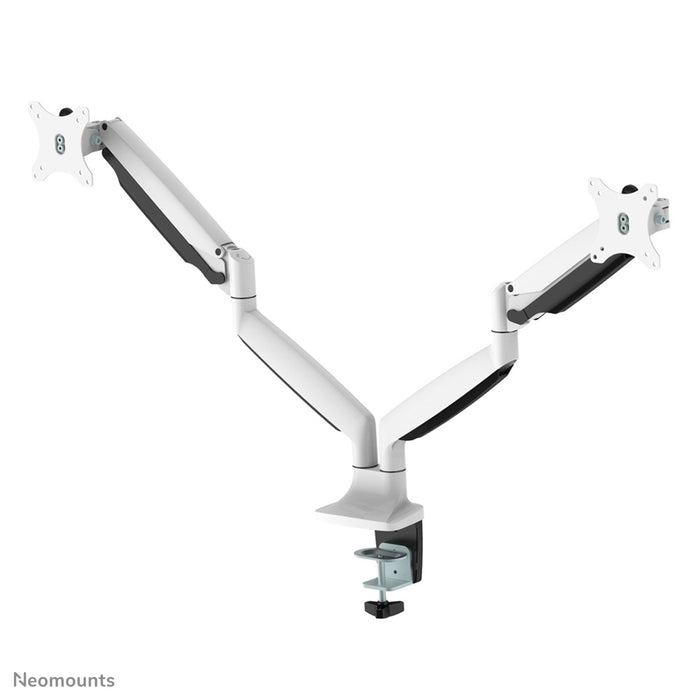 Neomounts NM-D750D hvid er en gasfjederstyret skrivebordsbeslag til to fladskærme op til 32 tommer (82 cm).