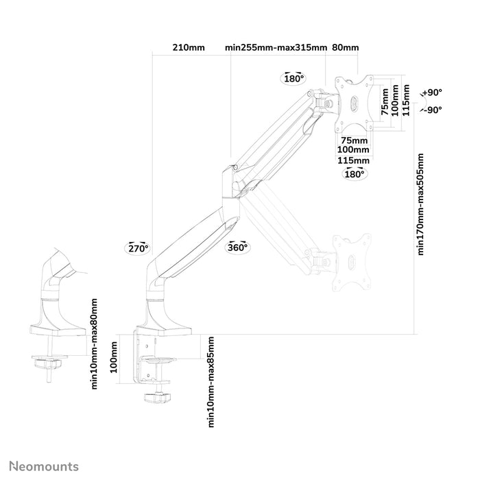 Neomounts NM-D750 hvid er en skrivebordsbeslag med gasfjeder til fladskærme op til 32 tommer (82 cm).