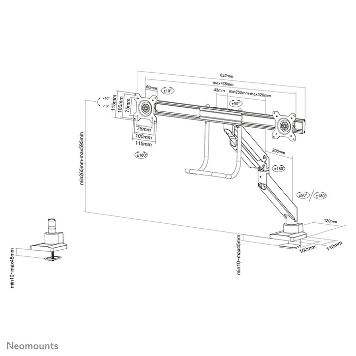 Neomounts NM-D775DX sølv er en gasfjederstyret skrivebordsbeslag med tværstang og håndtag til fladskærme op til 32 tommer (81 cm).