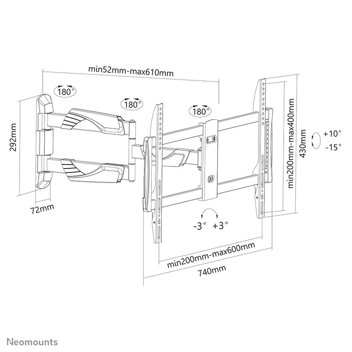 Neomounts NM-W460 hvid er en vægmontering med 3 drejeled til fladskærme op til 60 tommer (150 cm).