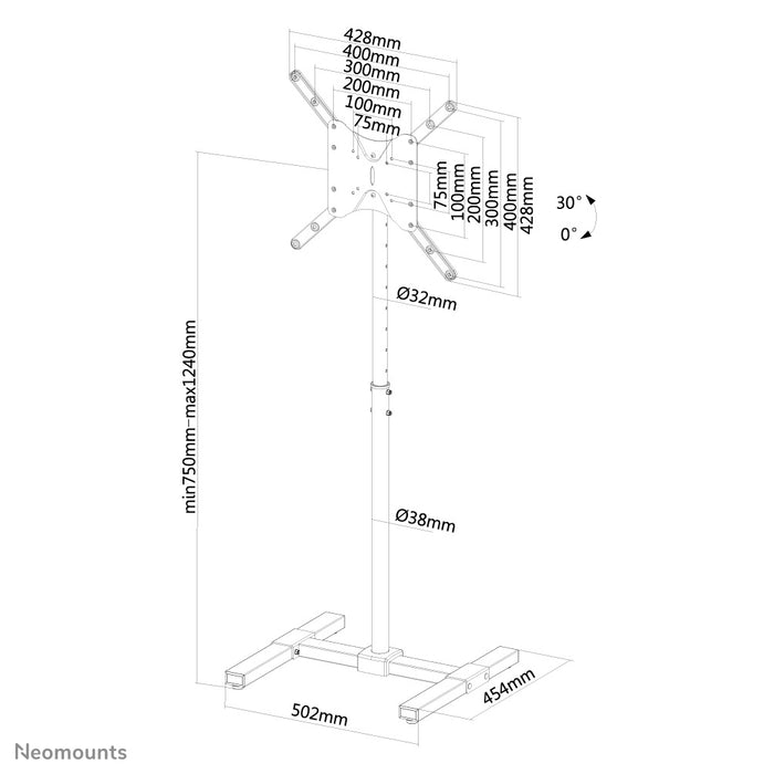 Neomounts NS-FS100 sort er et møbel til LCD/LED/Plasma-skærme op til 55 tommer (140 cm). Højdejustering er 75-124 cm.