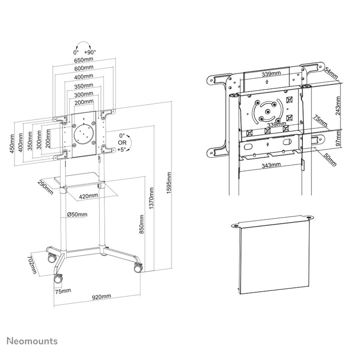 Neomounts NS-M1250 sort er et mobilt møbel til fladskærme op til 70 tommer (178 cm). Inkl. laptopbakke - Sort