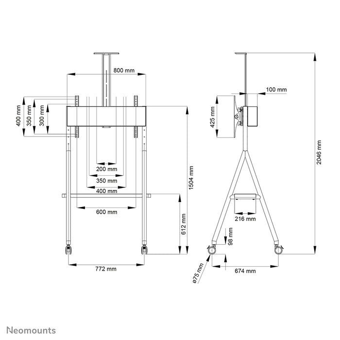 Neomounts NS-M1500 sort er et mobilt møbel til fladskærme op til 65 tommer (165 cm). Inkl. laptopbakke - Sort