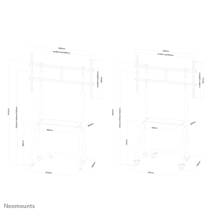 Neomounts NS-M3800 sort er et mobilt møbel til fladskærme op til 100 tommer (254 cm).
