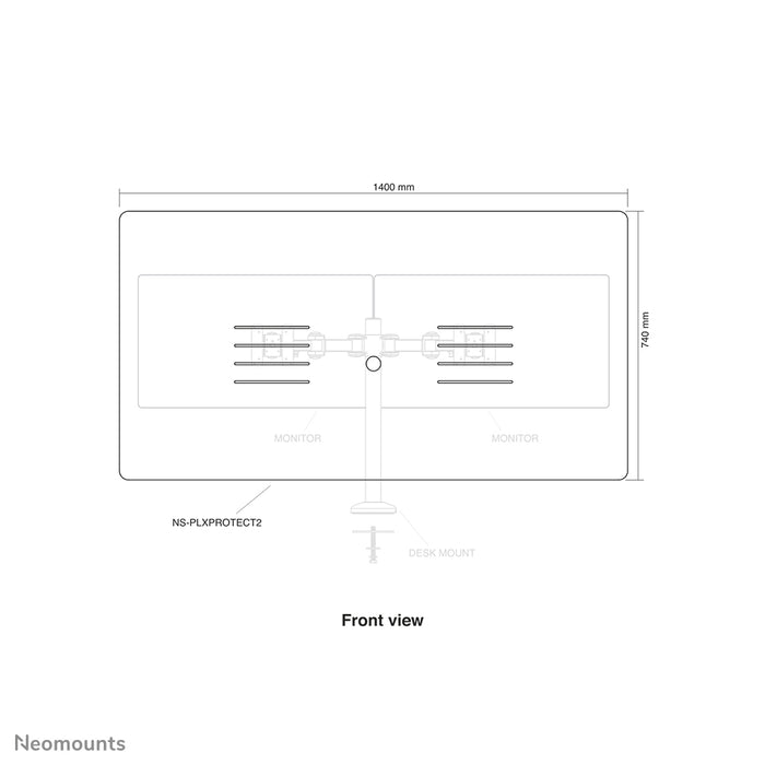 Neomounts NS-PLXPROTECT2 er en transparent skærm til 2 fladskærme og giver afstandsbeskyttelse på arbejdspladsen - Transparent akryl, 100% genanvendeligt | PLXPROTECT er registreret som EU-designpatent |