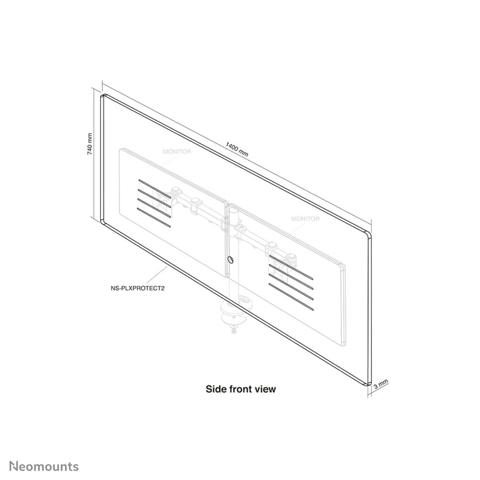 Neomounts NS-PLXPROTECT2 er en transparent skærm til 2 fladskærme og giver afstandsbeskyttelse på arbejdspladsen - Transparent akryl, 100% genanvendeligt | PLXPROTECT er registreret som EU-designpatent |