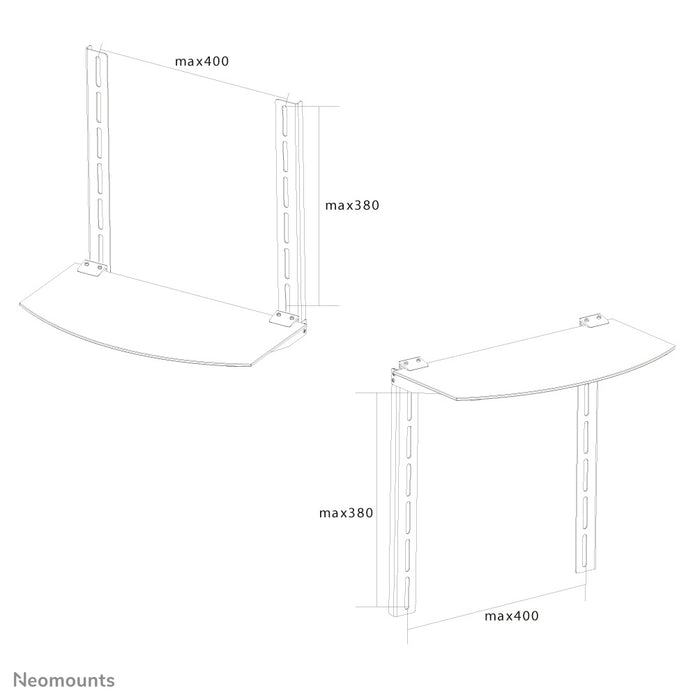 Neomounts AV-holder, model NS-SHELF100, er ideel til placering af AV-udstyr under fladskærmholdere.