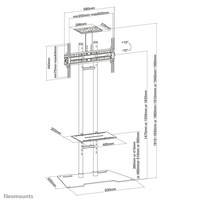Neomounts PLASMA-M1700ES er et møbel til LCD/LED/Plasma-skærme op til 70 tommer (178 cm). Højdejustering er 147,5-163,5 cm.