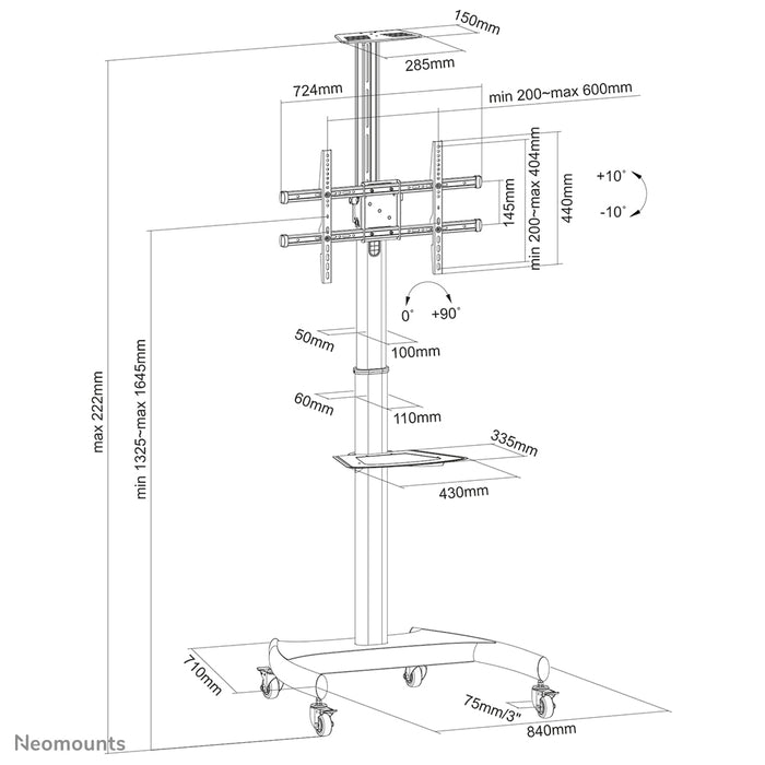 Neomounts PLASMA-M1900E er et mobilt møbel til fladskærme op til 70 tommer (178 cm), 90° rotation - Sort