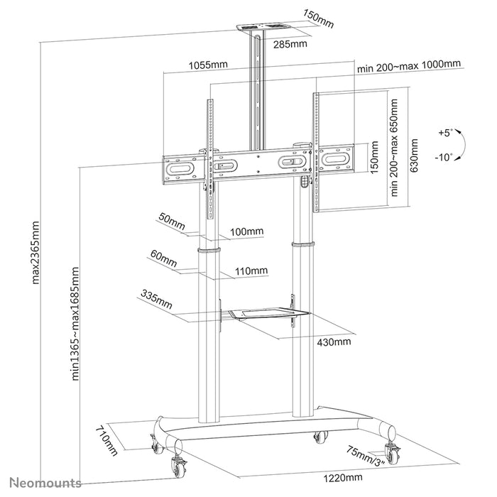 Neomounts PLASMA-M1950E er et mobilt møbel til fladskærme op til 100 tommer (254 cm). Inkl. laptopplade.