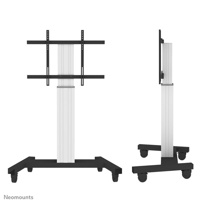 Neomounts PLASMA-M2250 sølv er en elektrisk højdejusterbar trolley til fladskærme op til 100 tommer.