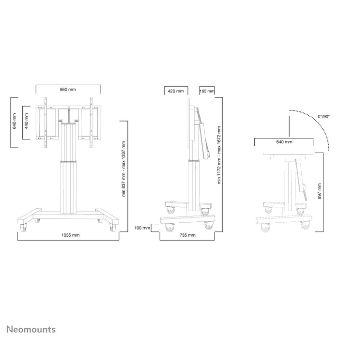 Neomounts PLASMA-M2500T sort er en elektrisk højdejusterbar trolley med 90 graders vippefunktion til fladskærme op til 100 tommer.