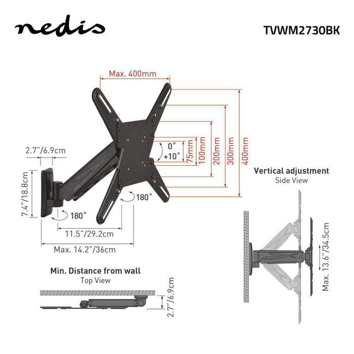 Vertikalt TV Vægbeslag | 29 - 55" | Maks. 20 kg | 345 mm vertikalt rækkevidde