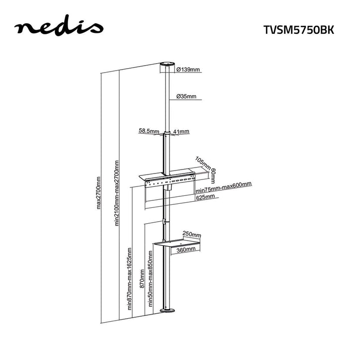 TV stander gulv-til-loft | 37 - 70" | Maks. 30 kg | 180° drejelig