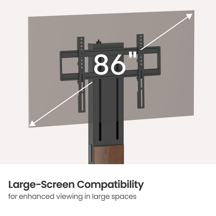 Wolff Mount – Fritstående Premium TV Gulvstand med FreeLift™ – Højdejusterbar med én finger – Egnet til TV op til 86 tommer – Ekstra stor massiv fod – Kabelstyring – Sort/Valnød