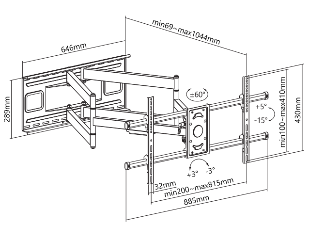 Wolff Mount Heavy Duty muurbeugel voor Samsung tot 90 inch – maattekening
