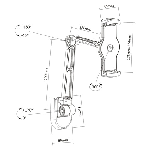 Wolff Mount Tablet iPad Telefonholder - 39 cm |Drejelig |Klemfeste |Almindelig |Robust metalarm